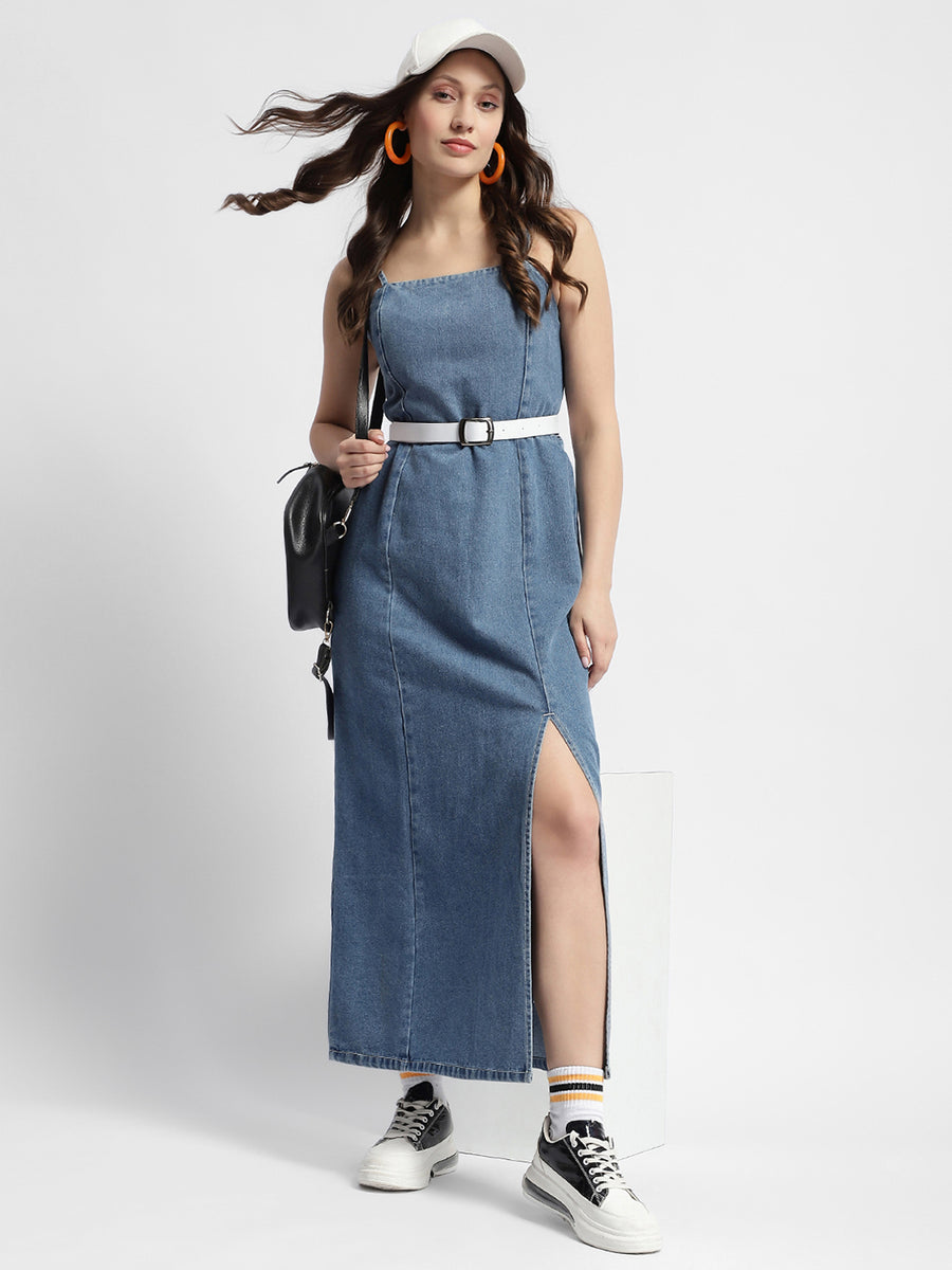 Madame Front Slit Long Denim Dress