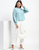 Madame Tie Neck Puff Sleeve Chequered  Aqua Blue Top