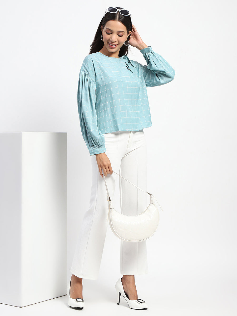 Madame Tie Neck Puff Sleeve Chequered  Aqua Blue Top