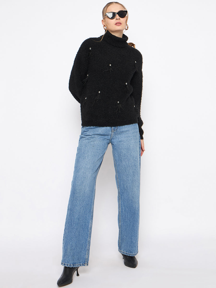 Madame Embellished Turtleneck Black Sweater