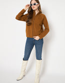 Madame Raglan Sleeve Embroidered Brown Zipped Sweatshirt