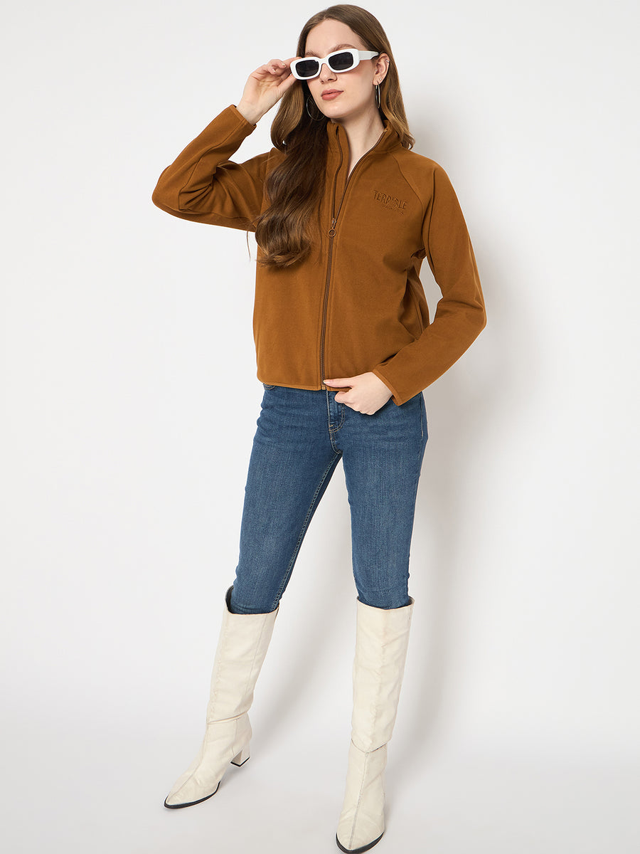 Madame Raglan Sleeve Embroidered Brown Zipped Sweatshirt