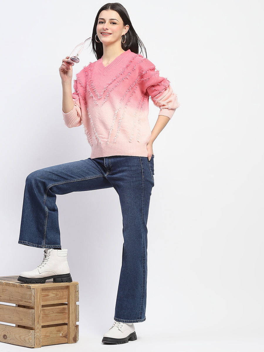 Madame Ombre Print Textured V Neck Pink Sweater