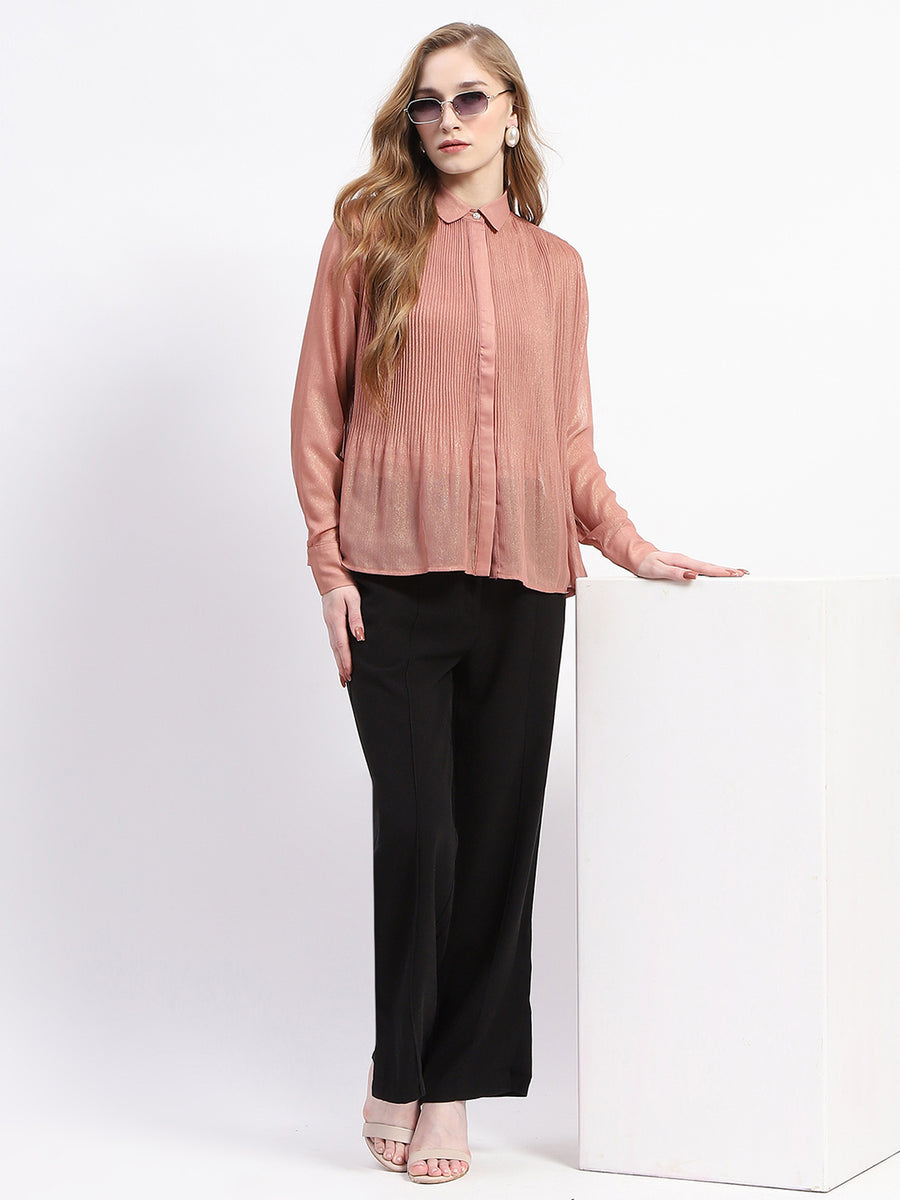 Madame Shimmer Pleated Hem Sheer Peach Shirt