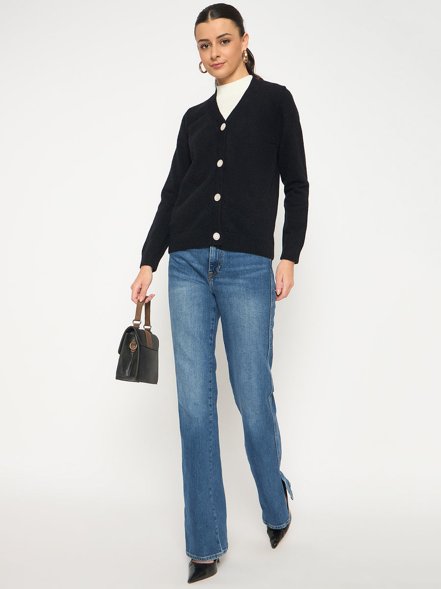 Madame V Neck Solid Black Cardigan