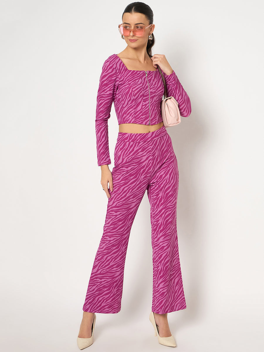 Madame Animal Print Zipped Top and Flared Bottom Pink Ensemble