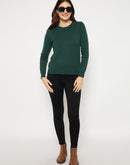 Madame Ribbed Cuffs Round Neck Bottle Green Sweater