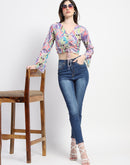 Madame Ruched Abstract Print Bell Sleeves Lilac Crop Top