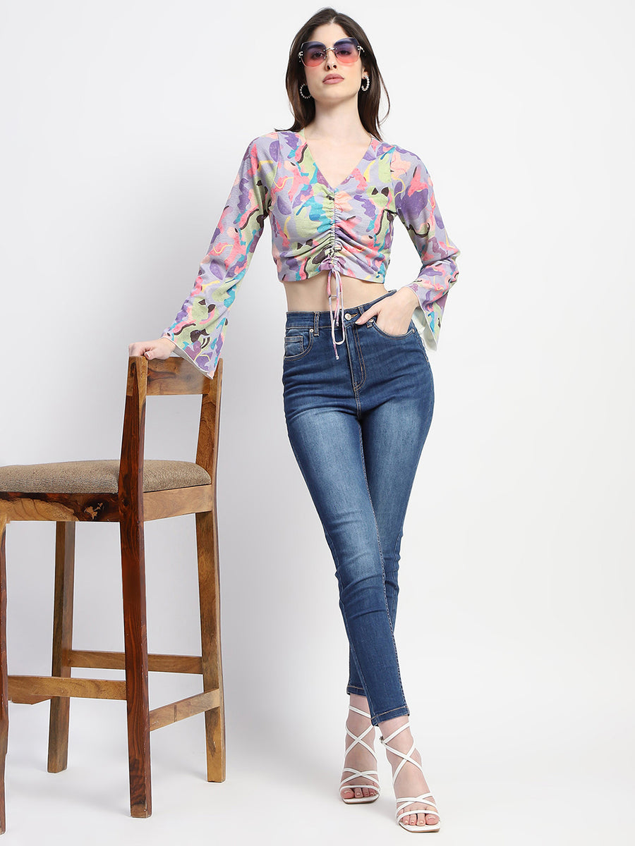 Madame Ruched Abstract Print Bell Sleeves Lilac Crop Top