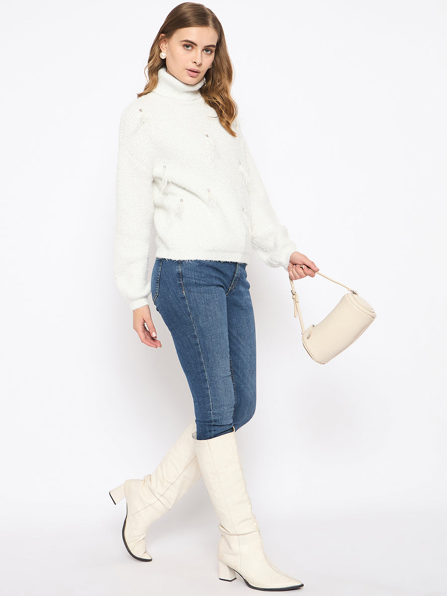 Madame Embellished Turtleneck Off White Sweater