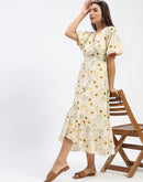 Madame Floral Print Wrap Detailed Yellow Midi Dress