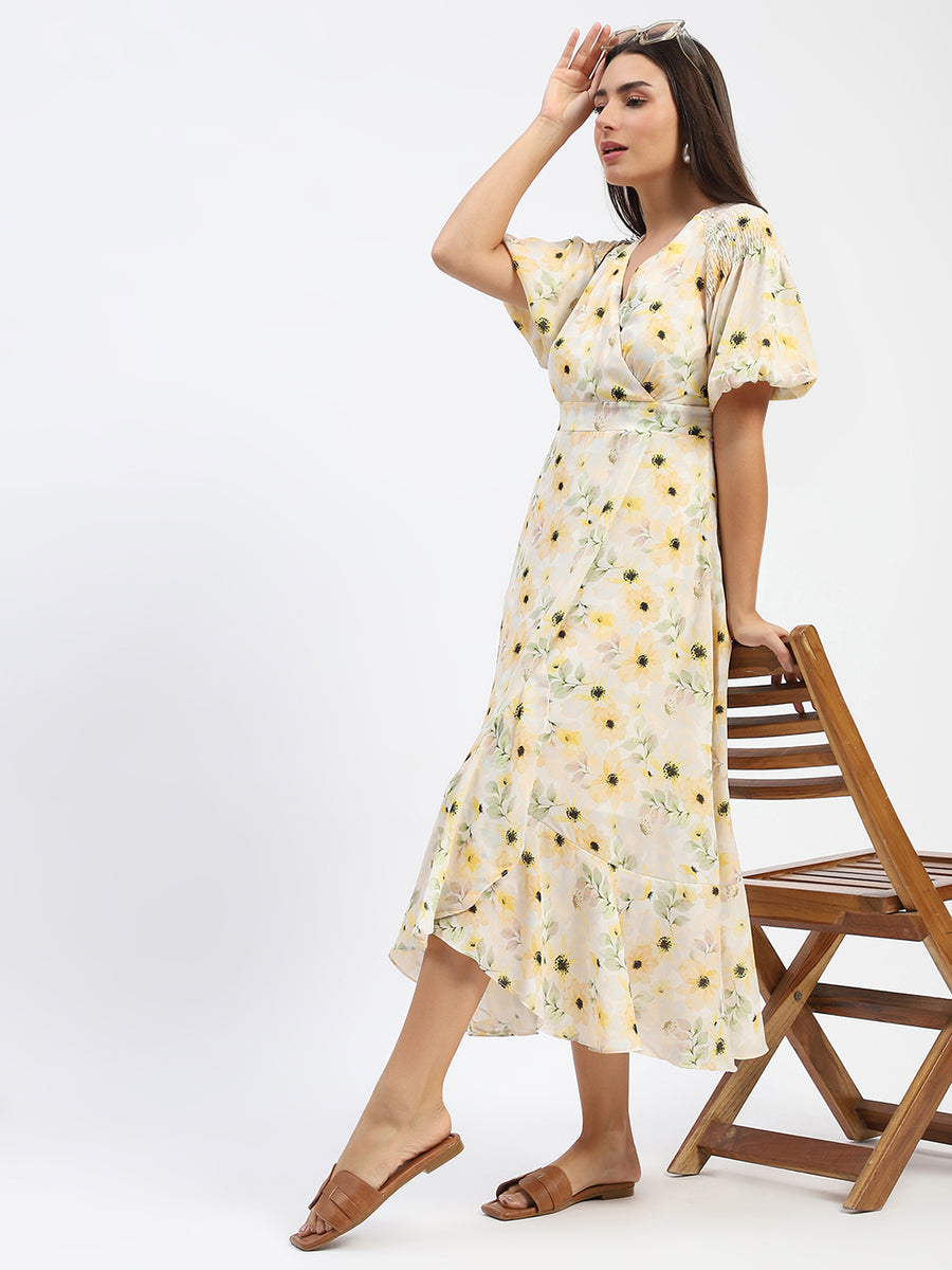 Madame Floral Print Wrap Detailed Yellow Midi Dress