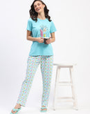 mSECRET Blue Cotton T-Shirt and Floral Print Pyjama Night suit Set