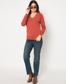 Madame V Neck Skinny Fit Rust Red Sweater