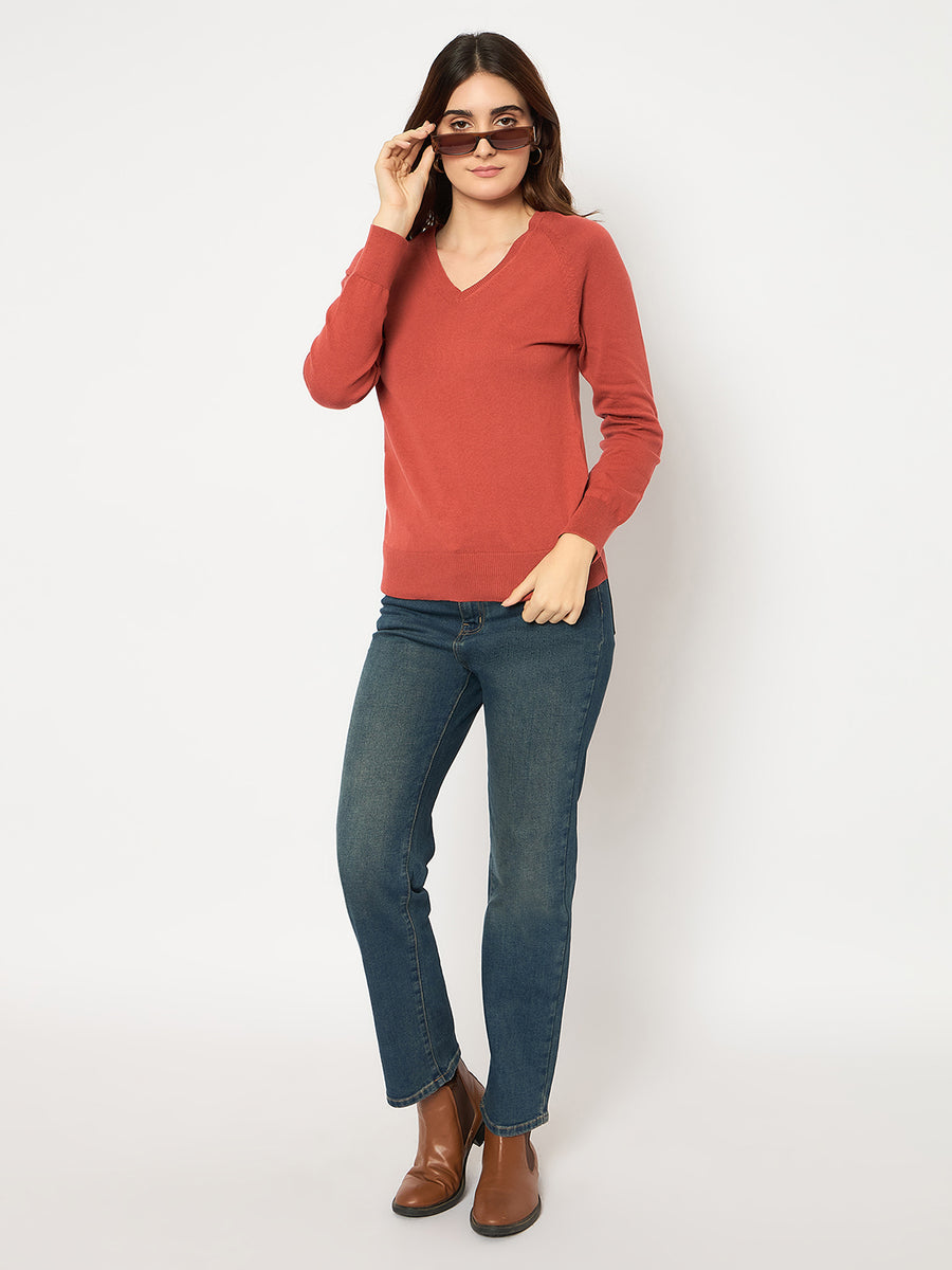 Madame V Neck Skinny Fit Rust Red Sweater