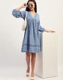 Madame Puff Sleeve Fit And Flare Cotton Blue  Midi Dress