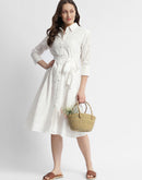 Madame White Schiffli Self Belted Midi Shirt Dress