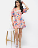 Madame Abstract Print Multi Colour V-Neck Mini Dress