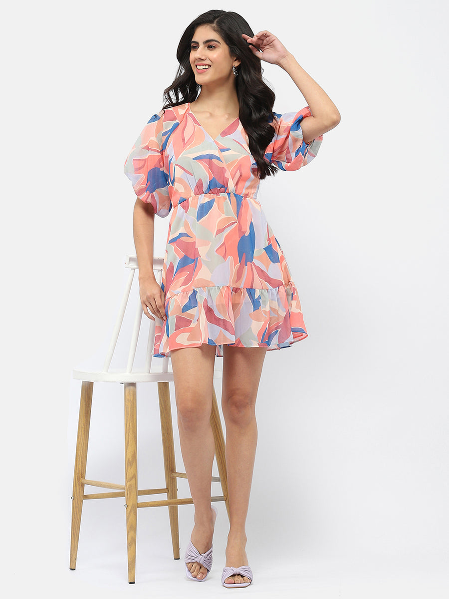 Madame Abstract Print Multi Colour V-Neck Mini Dress