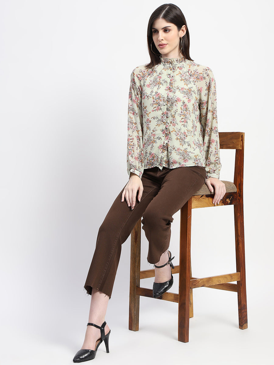 Madame Frill Neck Button Down Mint Floral Print Top