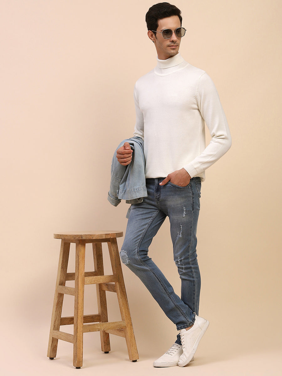 Camla Barcelona High Neck Solid White Sweater