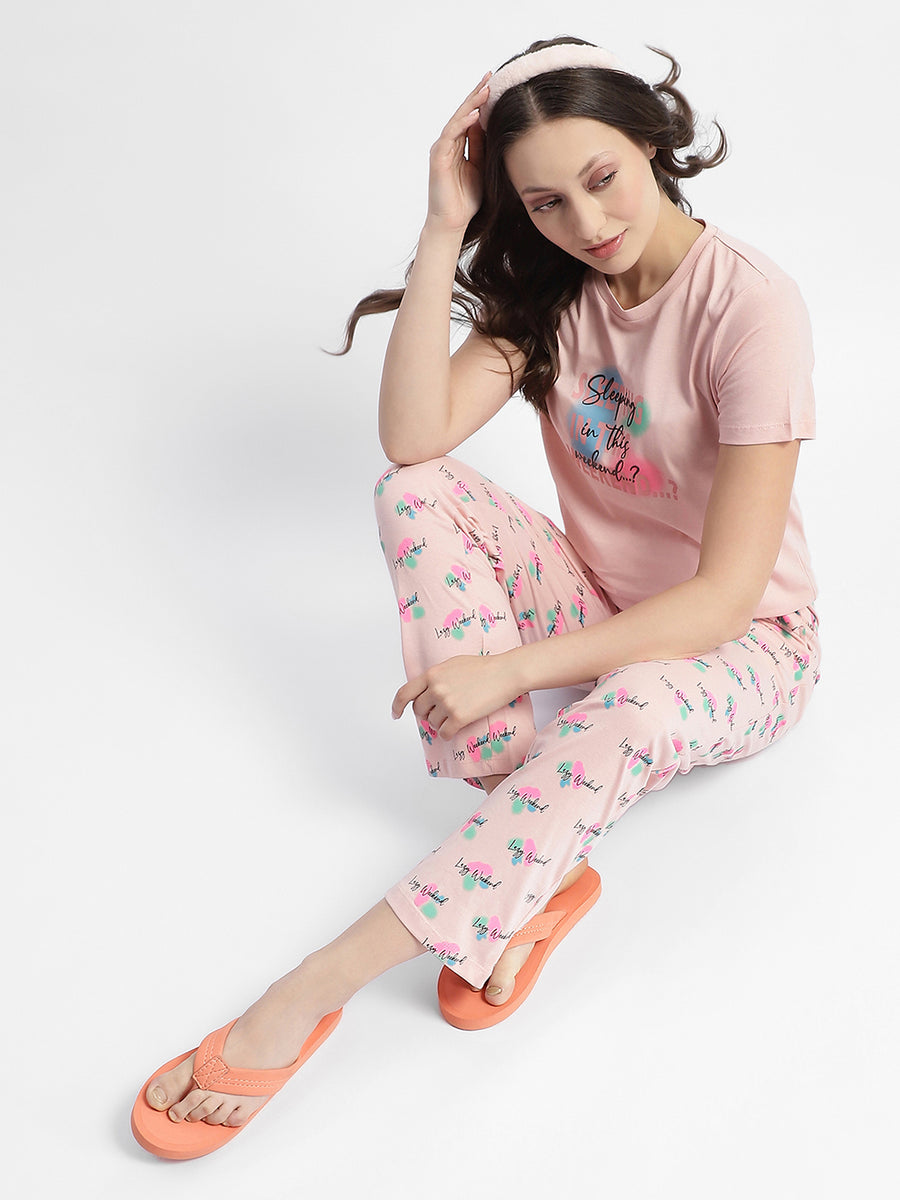 mSECRET Peach Typography Print Cotton Nightsuit Set