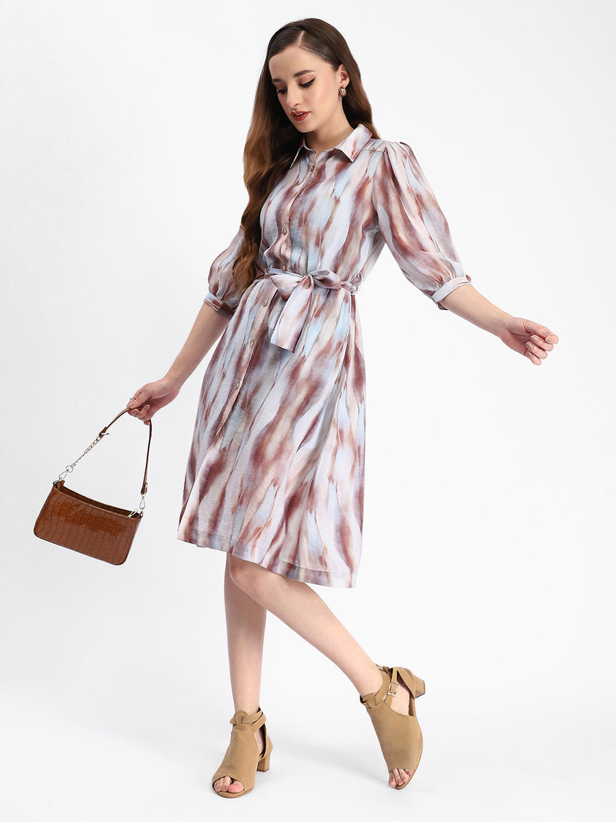 Madame Blue Abstract Print Belted A Line Midi Dress