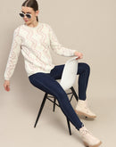 Madame Self Design Pearl Buttoned Off White Cardigan