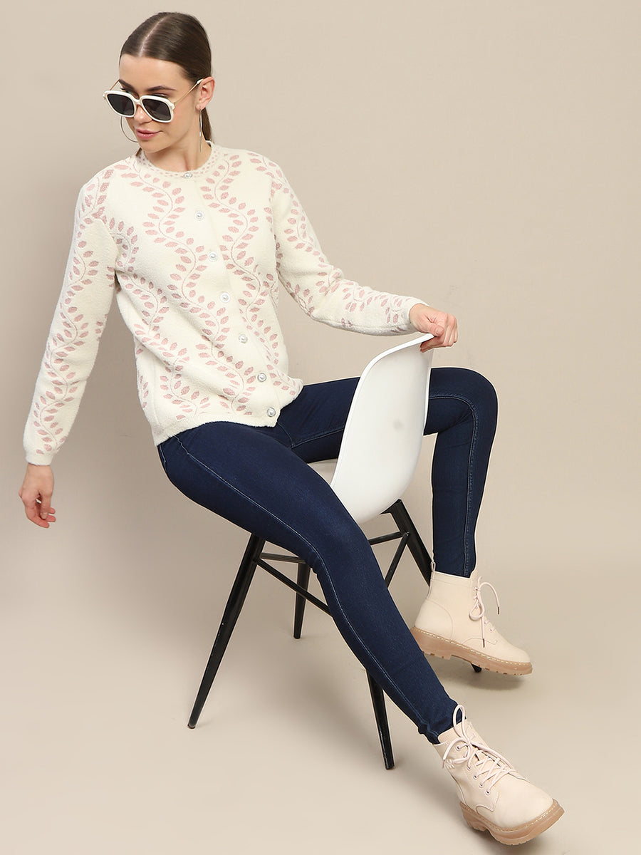 Madame Self Design Pearl Buttoned Off White Cardigan