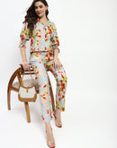 Madame Floral Print Cotton And Linen Teal Co-Ord Set