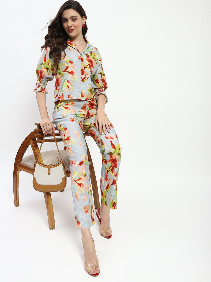 Madame Floral Print Cotton And Linen Teal Co-Ord Set