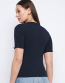 Madame Solid Navy Blue Lettuce Hem Top