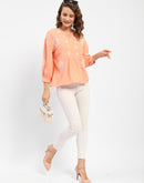 Madame Balloon Sleeve Peach Chikankari Work Top