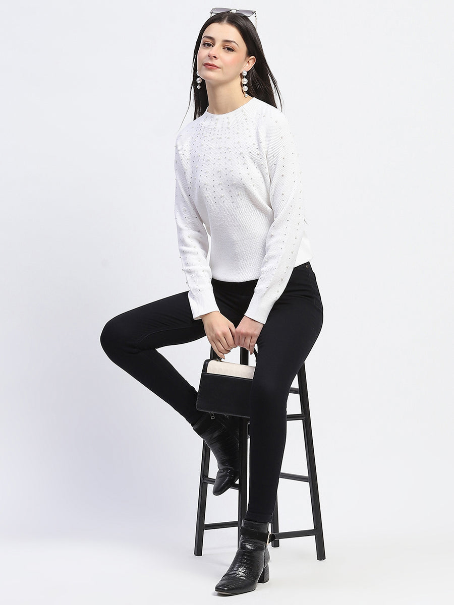 Madame Solid Full Sleeve Off White Knitted Top