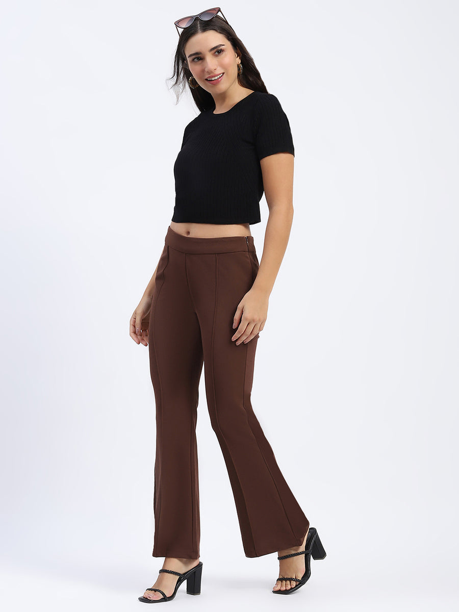 Madame Single Pleated Brown Flared Trousers