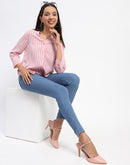 Madame Striped Mandarin Collar Pink Button Down Shirt