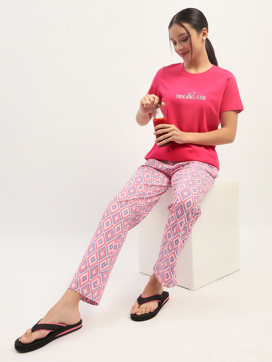 mSECRET Typographic Print Pink Top with Printed Pyjama