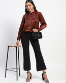 Madame Tie Up Neck Cuffed Sleeve Brown Top