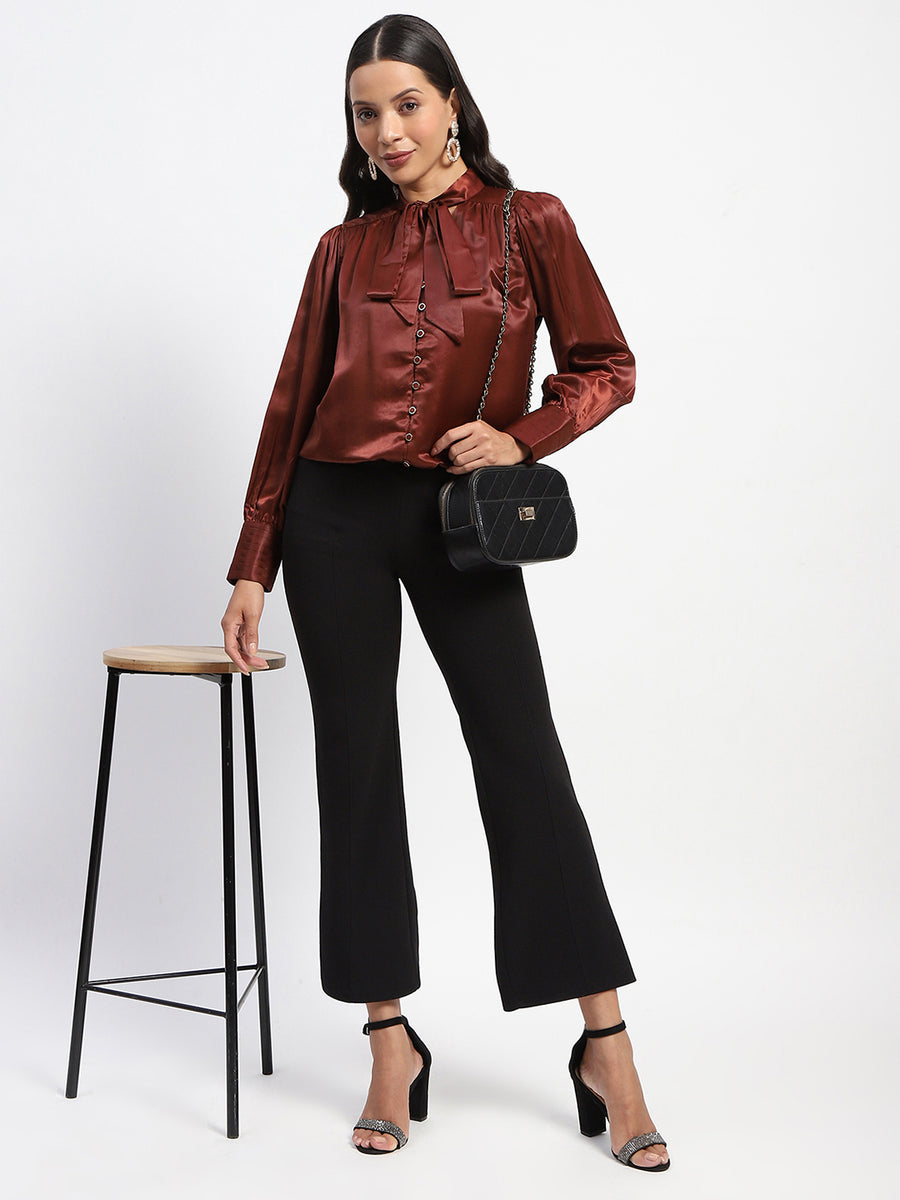 Madame Tie Up Neck Cuffed Sleeve Brown Top