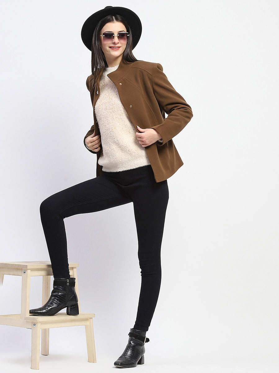 Madame Textured High Neck Coffee Brown Short Coat