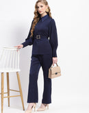 Madame Navy Belted Shirt and Wide-Leg Pants Co-ord Set