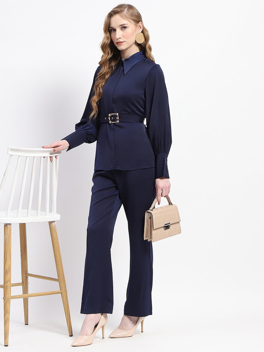 Madame Navy Belted Shirt and Wide-Leg Pants Co-ord Set