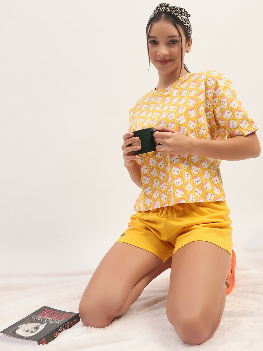 mSECRET Printed Cotton Mustard Top with Shorts