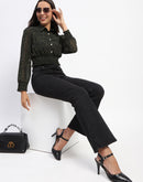 Madame Cinch Waist Marble Print Olive Crop Shirt