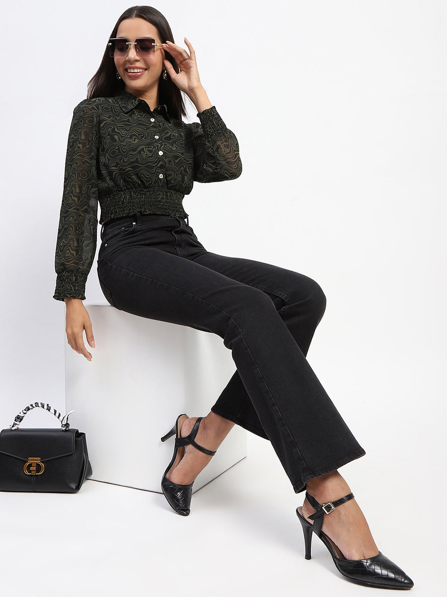 Madame Cinch Waist Marble Print Olive Crop Shirt