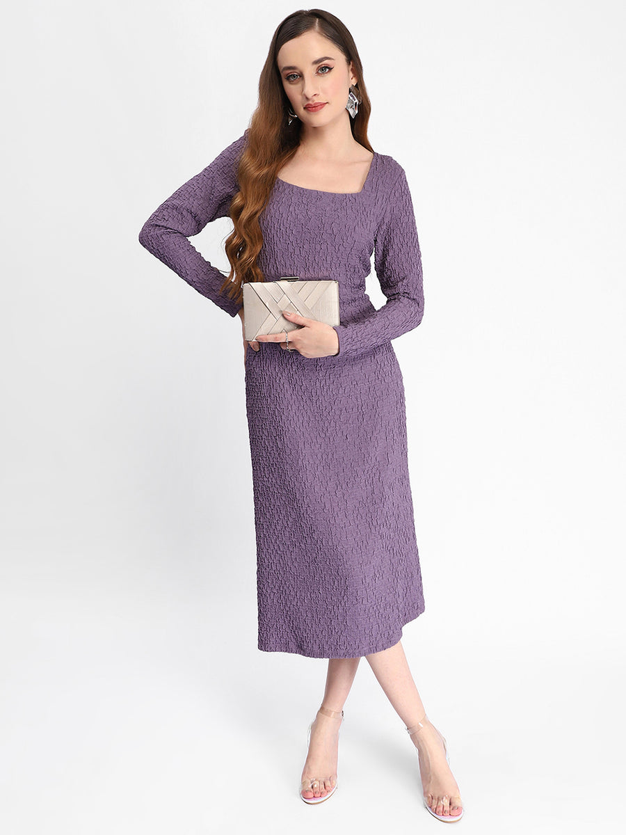 Madame Self Design Purple Midi Sheath Waffle Dress