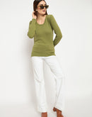 Madame Round Neck Ribbed Cuff Olive Sweater