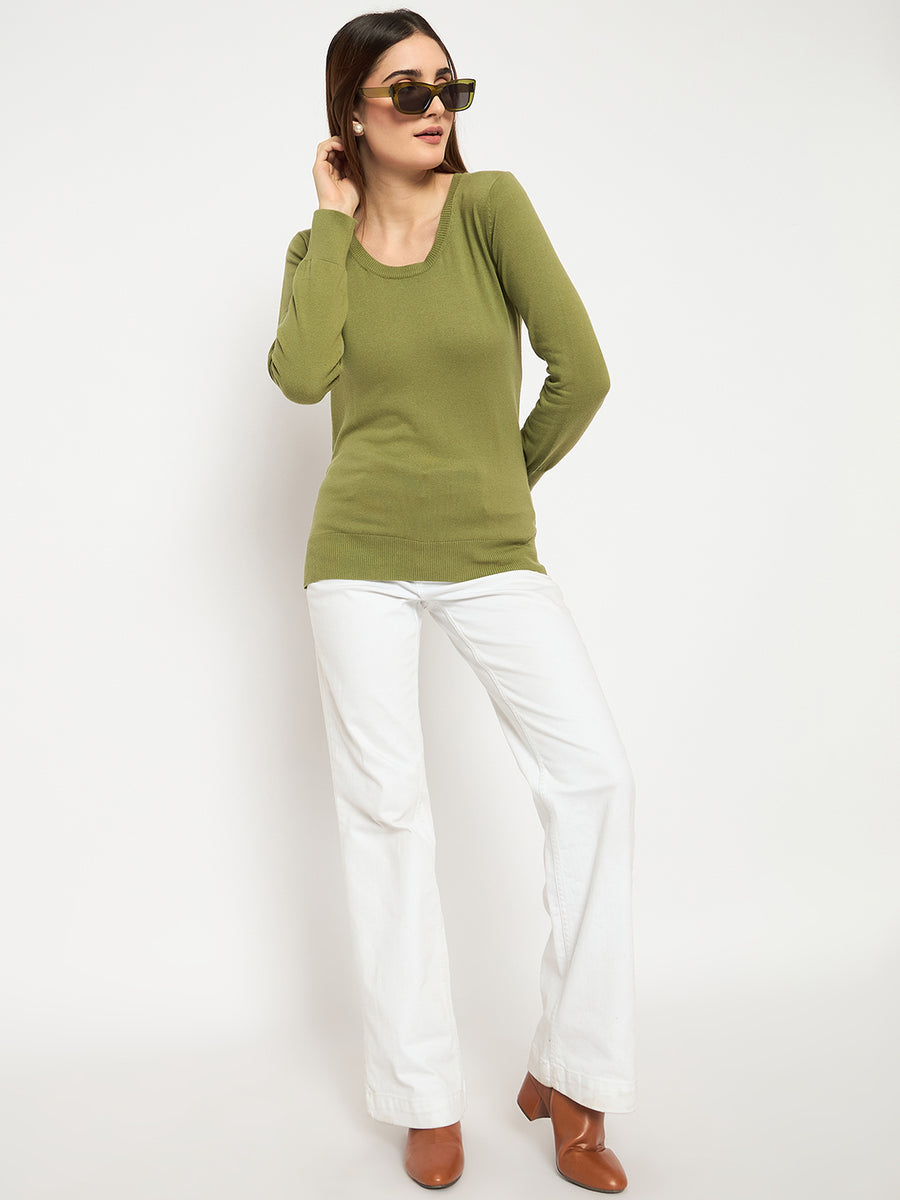 Madame Round Neck Ribbed Cuff Olive Sweater