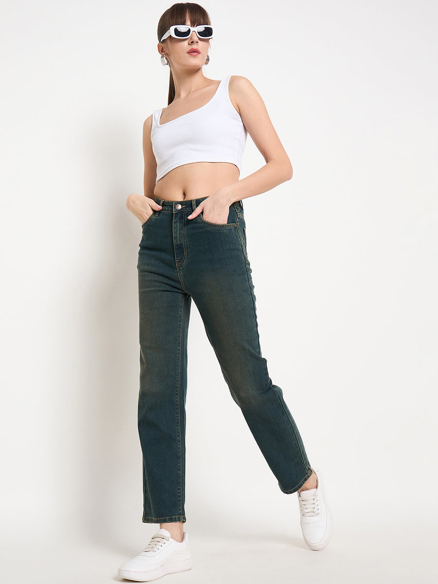 Madame Green Tinted Stone Wash Cotton Blend Denim Jeans