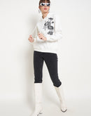 Madame Floral Print Adorned Cotton Blend White Sweatshirt